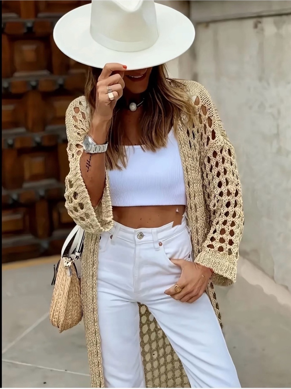 Beige Open Knit Crochet Duster Cardigan New - Picture 2 of 4